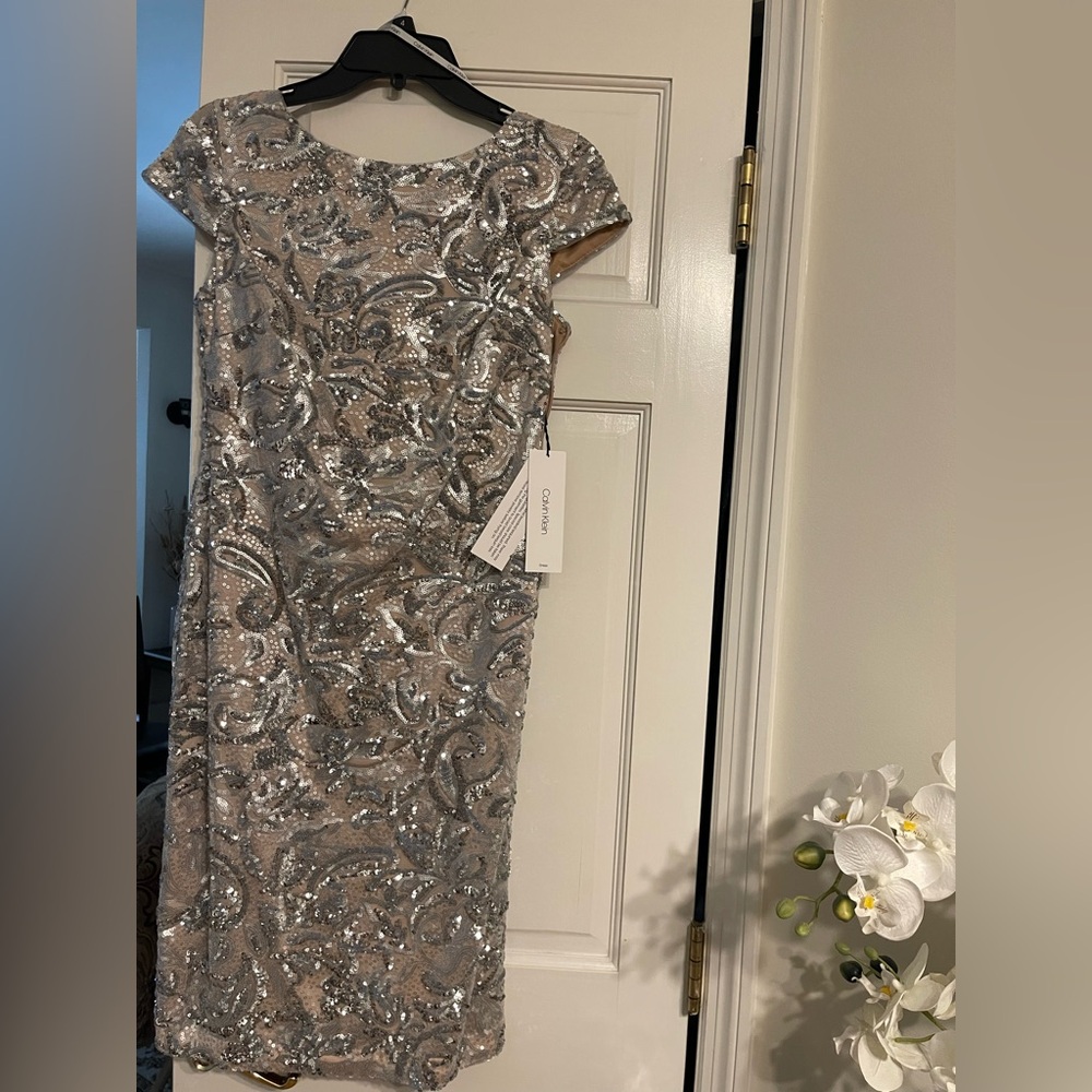 Calvin Klein Silver Sheath Midi Dress with Cap Sleeves